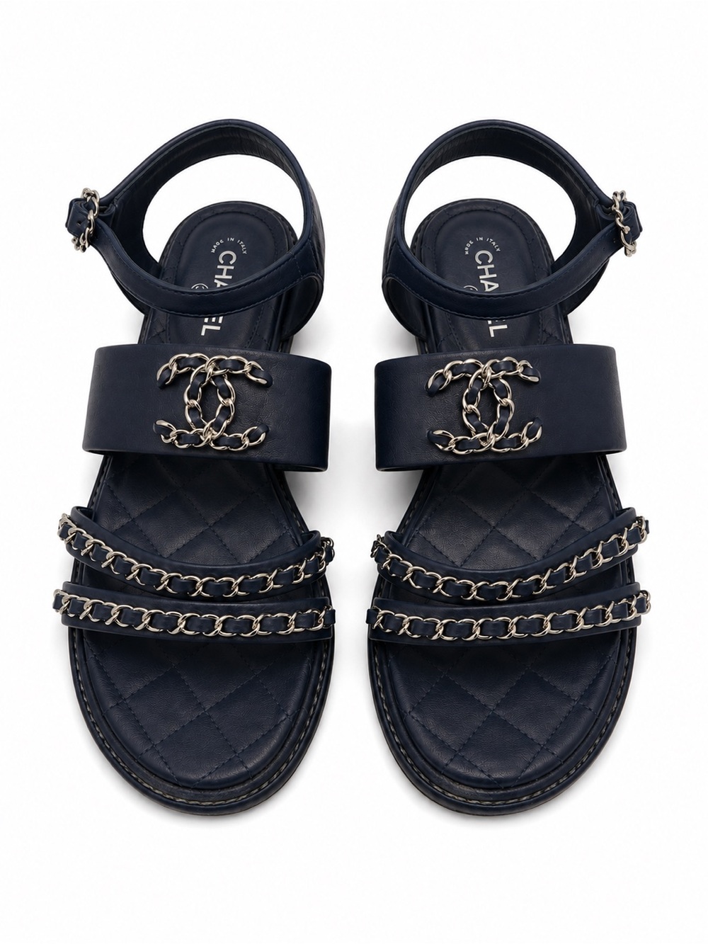 CHANEL Navy Leather Chain CC Flat Sandals 38.5
